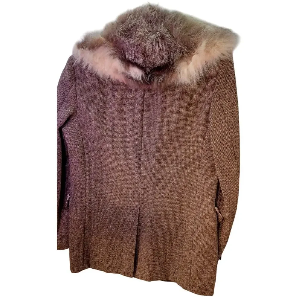 VTG 60s/70s Becca Wool Tweed Jacket Large Brown Coat with Fur Collar - Picture 2 of 9